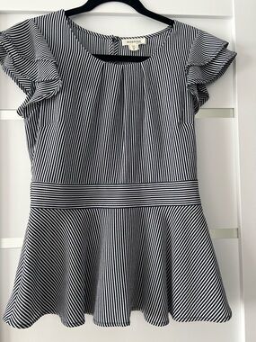 Monteau Striped Peplum Top Womens M Black White Ruffle Sleeve Blouse